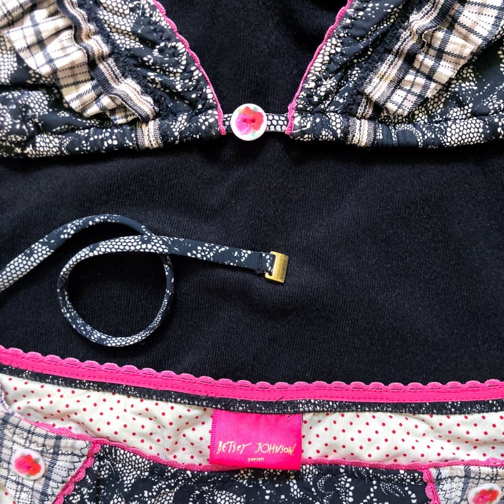 Betsey Johnson Faux Lace/Floral Bikini Set w/ Plaid Ruffle Pink Trim